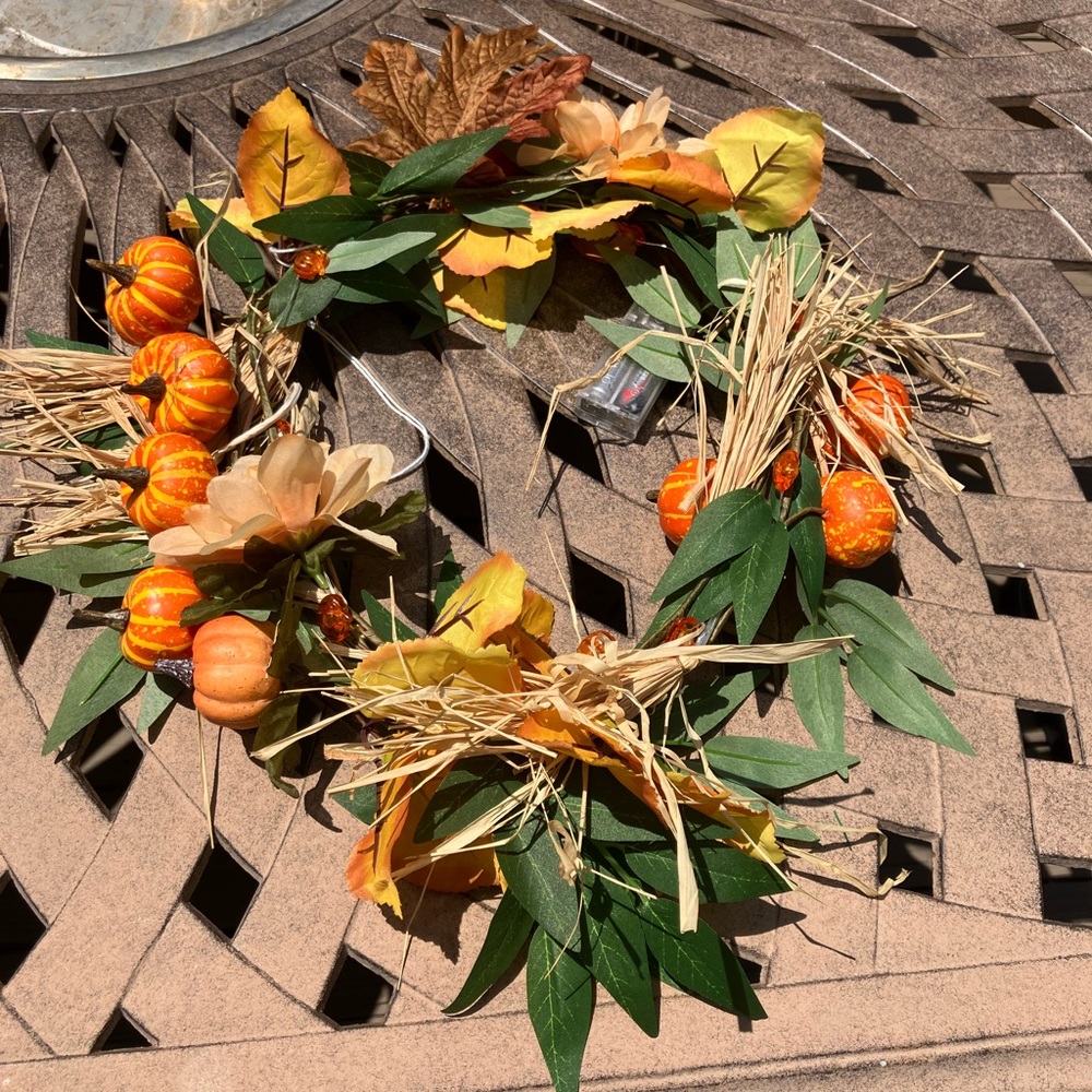 Autumn Harvest Wreath with Pumpkins and Leaves and pumpkin lights included